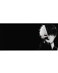 Kaneki split face anime desk pad 36x16 inches, Tokyo Ghoul design with red eye, black background, intense expression.
