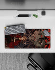 28x12 inches anime mouse pad in dark navy with crimson accents, haunting calm vibe, petals and runes.
