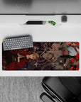 32x12 inches anime mouse pad in dark navy with crimson roses and haunting, calm late-night vibe.