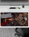 32x16 inches anime mouse pad in dark navy with crimson accents, eerie calm vibe, petals and runes.