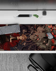 36x16 inches anime desk pad in dark navy with crimson accents, eerie calm vibe, alchemy circles.