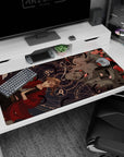 Anime desk pad 40x20 inches showing blonde in red coat reaching for silver pistol facing red-eye helm.