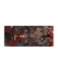 28x12 inches anime mouse pad with floating blonde in red coat, red-eyed helm, roses, alchemy sigils.