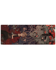 32x12 inches anime mouse pad with red-coated blonde, silver pistol, armored helm, roses, and alchemy sigils.