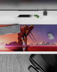 36x16 inches mouse pad with Eva Unit-02 in crimson sea under glowing sunset for a nostalgic, emotional tribute to Evangelion.