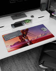 Modern 32x16 inches mouse pad featuring Eva Unit-02, glowing sunset, and crimson sea for a haunting, poetic desk atmosphere.