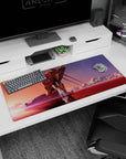 Artistic 36x16 inches mouse pad featuring Eva Unit-02, crimson sea, and glowing sunset for a poetic, final tribute to Evangelion.