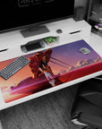 Large 40x20 inches mouse pad featuring Eva Unit-02 in a crimson sea under glowing sunset for an evocative, nostalgic design.