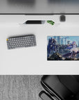 Sci-fi anime mouse pad 14x10 inches in sky blues and smoky grays with metallic ruins backdrop.