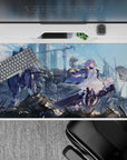 40x20 inches anime desk pad in cool sky blues and smoky grays, metallic sci-fi heroine poster vibe.