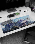 36x16 inches desk pad showing violet-haired girl reaching out as a guardian mech looms behind cranes.