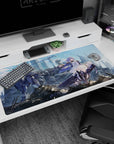 40x20 inches desk pad showing violet-haired girl reaching out as a mech stands guard by cranes and steel.