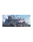 28x12 inches anime girl mouse pad with violet-haired heroine, white dress, and guardian mech in ruined city.