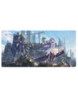 32x16 inches anime girl mouse pad with violet-haired heroine, white dress, and towering mech in ruined city.