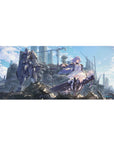 36x16 inches anime girl desk pad with violet-haired heroine, white dress, and towering mech in ruined city.