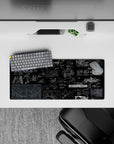 Deep black anime mouse pad with fine white linework and blue schematic panels, moody noir, 28x12 inches.