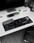 Anime mouse pad showing a classified lab-wall scene of drones, armor, city grids and weapon diagrams, 32x12 inches.