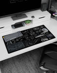 32x16 inches Ghost in the Shell mouse pad showing drones, armor silhouettes, city grids, and weapon sketches.