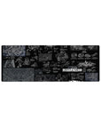 Ghost in the Shell noir blueprint collage anime mouse pad, cyborg tech and tactical sketches, 32x12 inches.