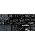 Ghost in the Shell noir blueprint collage anime desk pad, cyborg tech and tactical sketches, 36x16 inches.