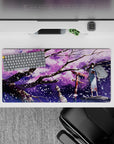 Purple night anime desk mat 32x16 inches in lilac clouds, ink-black branches, and sparkling sakura.
