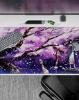 Purple lilac anime desk pad 40x20 inches, dreamy festival mood with red torii glow and white sakura flecks.