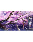 Anime girl desk pad 40x20 inches with shrine gate, sakura petals, purple night sky, and ink branches.