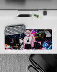 Cyberpunk anime mouse pad 28x12 inches in electric blues and magenta, glitchy night arcade vibes.