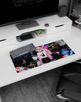 Blonde twin-bun anime girl in bunny logo tee on neon street mouse pad 28x12 inches.