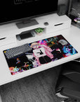 Anime girl mouse pad 32x16 inches featuring blonde twin-bun anime girl in bubblegum jacket under neon signs.