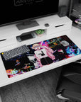 Blonde twin-bun anime girl in pink jacket desk pad 36x16 inches, bunny logo tee, neon signs.