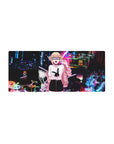 Anime girl mouse pad 28x12 inches with neon city background, bubblegum pink jacket, SENPAI text.
