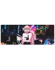 Anime girl mouse pad 32x12 inches with neon city arcade street art, bubblegum pink jacket, SENPAI vibe.