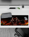32x12 inches anime mouse pad in hot orange and deep black, gritty intense battle vibe, glowing red visor.