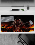 32x16 inches anime mouse pad in hot orange and deep black tones, gritty dark fantasy mood, intense action.