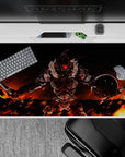 Dark fantasy anime desk pad 40x20 inches in hot orange skies and deep blacks, intense and dangerous vibe.