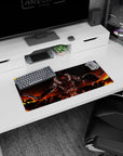 28x12 inches anime mouse pad showing a charging knight with glowing red visor, blades drawn, shield raised.