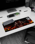 32x12 inches anime mouse pad showing a brutal knight charging forward, red-lit visor, jagged armor, wide stance.