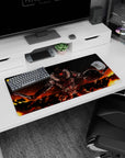 32x16 inches anime mouse pad showing armored knight charging forward, glowing red visor, jagged steel armor.