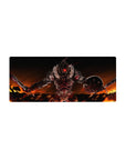 28x12 inches anime mouse pad with brutal red-visor knight, jagged steel armor, twin blades and shield.