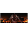 32x12 inches anime mouse pad with armored dark fantasy knight, twin blades, heavy shield, wildfire sky.