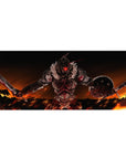 36x16 inches anime desk pad with brutal red-visor knight, twin blades, shield, and jagged steel armor.