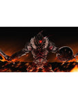 Anime desk pad 40x20 inches with a red-visor knight, twin blades, and shield in jagged steel armor.