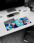Dragon Ball Z mouse pad, 28x12 inches, with Vegito and Gogeta in Super Saiyan Blue, adding power and energy to your workspace.