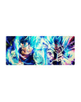 Mouse pad featuring Vegito and Gogeta in Super Saiyan Blue, 28x12 inches, with radiating energy and power for a high-energy workspace.