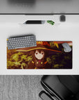 Anime mouse pad 28x12 inches featuring Megumin from KonoSuba, holding Chomusuke with a deadpan expression against a sunset background.