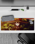 Megumin anime mouse pad 32x12 inches, featuring her unimpressed face with cat Chomusuke, in warm KonoSuba sunset tones.