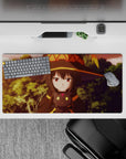 Megumin and Chomusuke anime mouse pad, 32x16 inches, featuring KonoSuba's sarcastic mood with sunset tones and soft shadows.