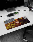 Megumin and Chomusuke anime mouse pad, 28x12 inches, featuring KonoSuba's sarcastic mood with warm sunset tones and soft shadows.