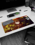 Megumin from KonoSuba anime mouse pad, 32x16 inches, with sunset tones, featuring Chomusuke and Megumin's unimpressed expression.